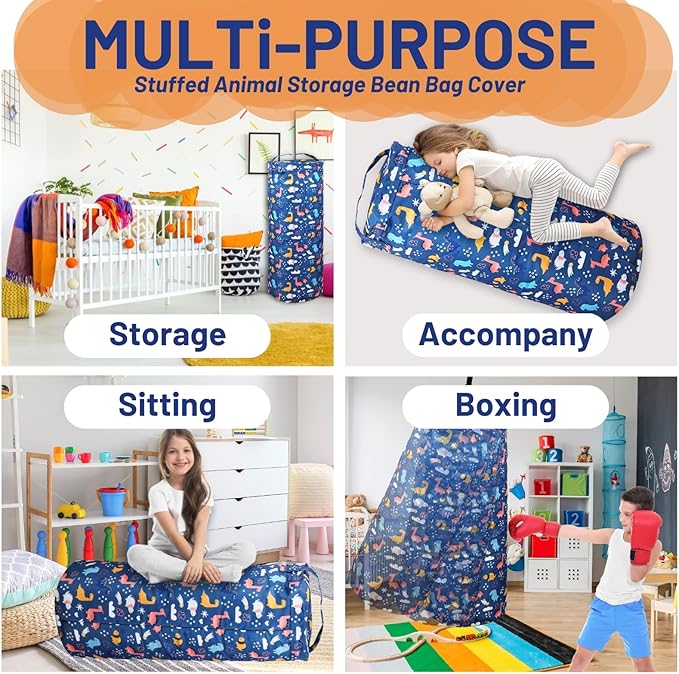 Dinosaur Stuffed Animal Storage Bean Bag Cover for Kids - Organize, Sit, Play & Box Help Promote Comfort and Relaxation - Perfect Playroom & Bedroom Plush Toys Beanbag, Cylinder, Best Gift for Kids - LeafyLoom