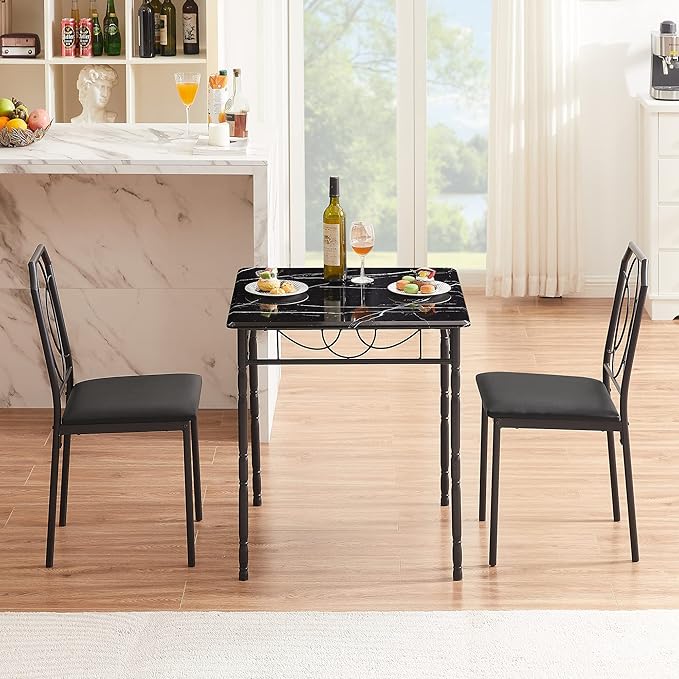 VECELO 3 Pieces Sets,43.3" Table&Chairs for 2,Industrial Counter Height Tabletop with Bar Stools, Rectangle Breakfast Chairs, Living Room, Apartment, Dining Table for 2, Black 1 - LeafyLoom