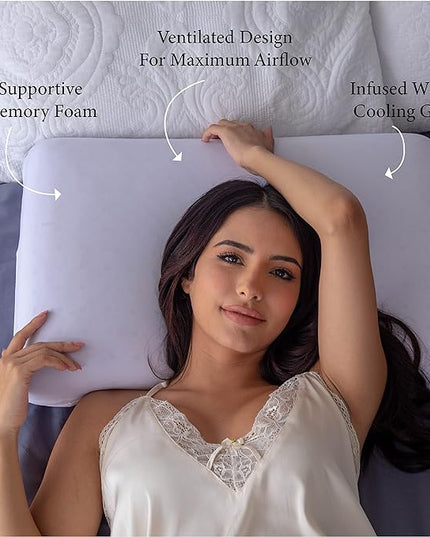 Pharmedoc Cooling Memory Foam Bed Rest Pillows, 1 Pack, Ventilated Lilac Dreamer, Reading, Standard, Back and Side Sleeper Support, Sleeping Pillows for Adults - LeafyLoom