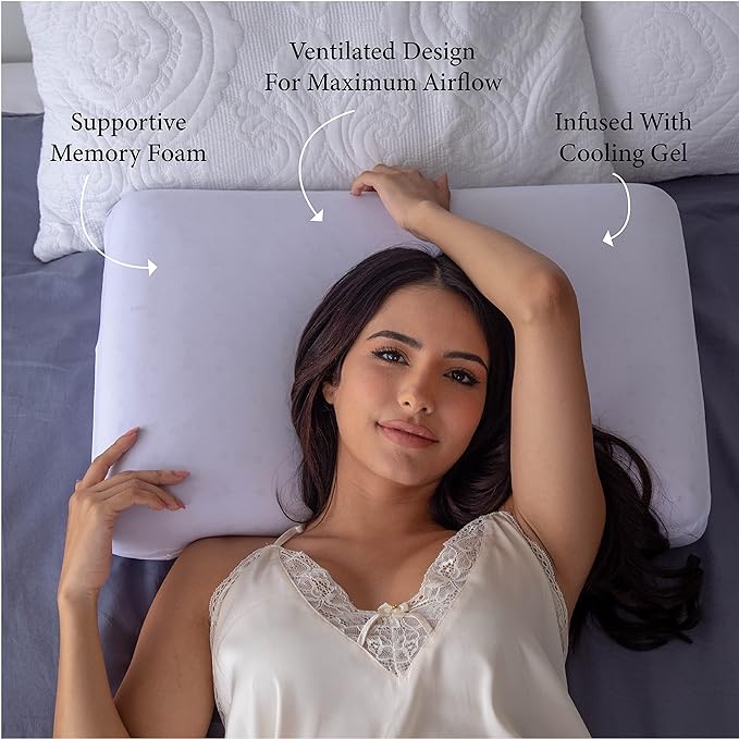 Pharmedoc Cooling Memory Foam Bed Rest Pillows, 1 Pack, Ventilated Lilac Dreamer, Reading, Standard, Back and Side Sleeper Support, Sleeping Pillows for Adults - LeafyLoom