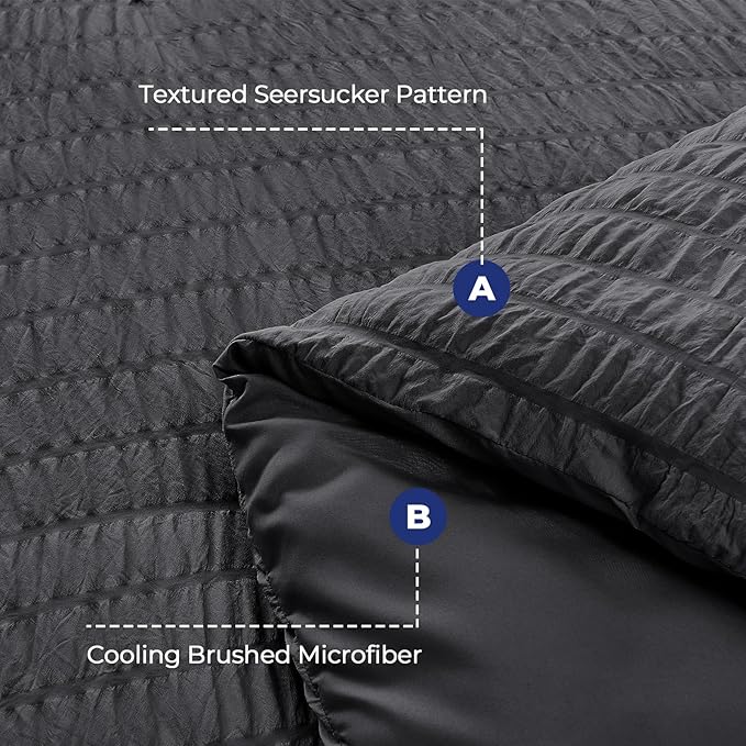 HYMOKEGE Seersucker King Size Comforter Set 3 Pieces, Lightweight Comforter Sets for Bedding, Bed Set with 1 All Season Soft Down Alternative Comforter and 2 Pillow Shams, Dark Grey - LeafyLoom