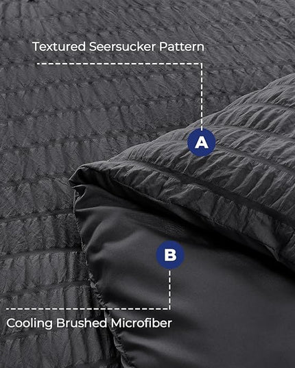 HYMOKEGE Seersucker Twin Comforter Set 3 Pieces, Lightweight Comforter Sets for Bedding, Bed Set with 1 All Season Soft Down Alternative Comforter and 2 Pillow Shams, Dark Grey - LeafyLoom