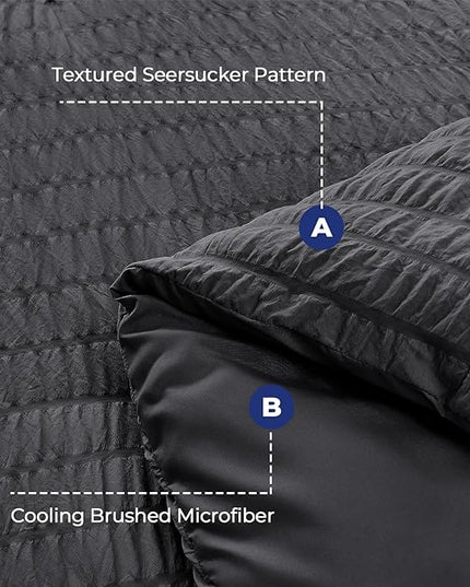 HYMOKEGE Seersucker Queen Comforter Set 3 Pieces, Lightweight Comforter Sets for Bedding, Bed Set with 1 All Season Soft Down Alternative Comforter and 2 Pillow Shams, Dark Grey - LeafyLoom