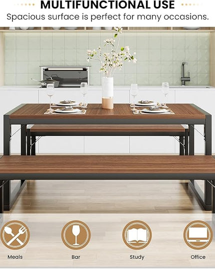 SHA CERLIN 3-Piece Dining Table Set with 2 Benches, Rustic Kitchen Table Set for 4-6, Space-Saving Dinette, Sturdy Structure, Easy Assemble, Walnut/Black - LeafyLoom