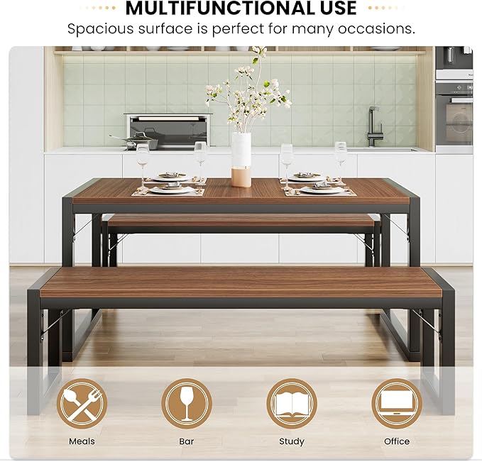 SHA CERLIN 3-Piece Dining Table Set with 2 Benches, Rustic Kitchen Table Set for 4-6, Space-Saving Dinette, Sturdy Structure, Easy Assemble, Walnut/Black - LeafyLoom