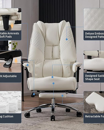 Big and Tall Office Chair 400lbs Wide Seat, Leather High Back Executive Office Chair with Foot Rest, Ergonomic Office Chair Lumbar Support for Lower Back Pain Relief (White) - LeafyLoom