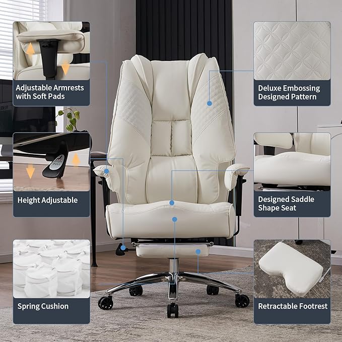 Big and Tall Office Chair 400lbs Wide Seat, Leather High Back Executive Office Chair with Foot Rest, Ergonomic Office Chair Lumbar Support for Lower Back Pain Relief (White) - LeafyLoom