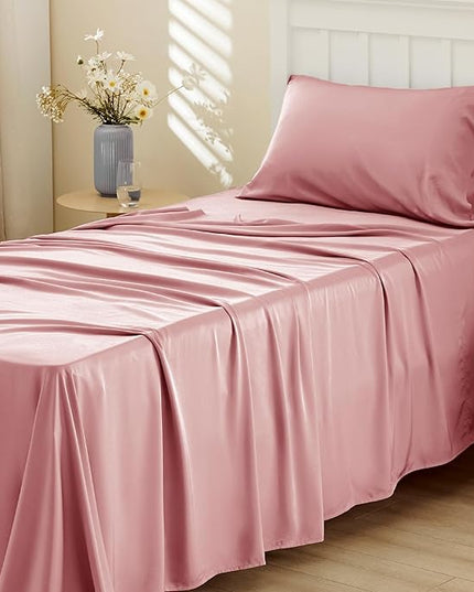 Bedsure Twin XL Sheet Set Dorm Bedding, Cooling Sheets Twin Extra Long Sheets, Rayon Derived from Bamboo, Deep Pocket Up to 16", Hotel Luxury Silky Bedding Sheets & Pillowcases, Blush Pink - LeafyLoom