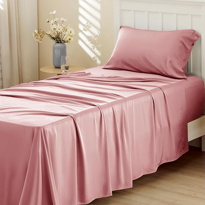 Bedsure Twin XL Sheet Set Dorm Bedding, Cooling Sheets Twin Extra Long Sheets, Rayon Derived from Bamboo, Deep Pocket Up to 16", Hotel Luxury Silky Bedding Sheets & Pillowcases, Blush Pink - LeafyLoom