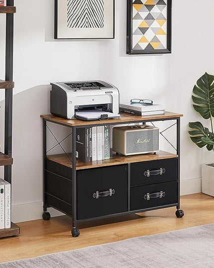 VECELO 3 Drawer Lateral File Cabinet Rolling Printer Stand with Open Storage Shelf, Fits A4 Or Letter Size, with Lockable Casters, Leather Handle, Ideal for Small Spaces, Brown+Black - LeafyLoom