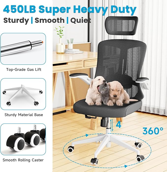 Ergonomic Office Chair - Comfy Desk Chairs with Wheels and Arms, 500LB Heavy Duty Mesh Computer Chairs with Comfortable Head Lumbar Back Support for Office, Study, Bedroom and College Dorm - LeafyLoom