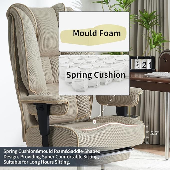 Big and Tall Office Chair 400lbs Wide Seat, Mesh High Back Executive Office Chair with Foot Rest, Ergonomic Office Chair Lumbar Support for Lower Back Pain Relief (Mesh Dark Beige) - LeafyLoom