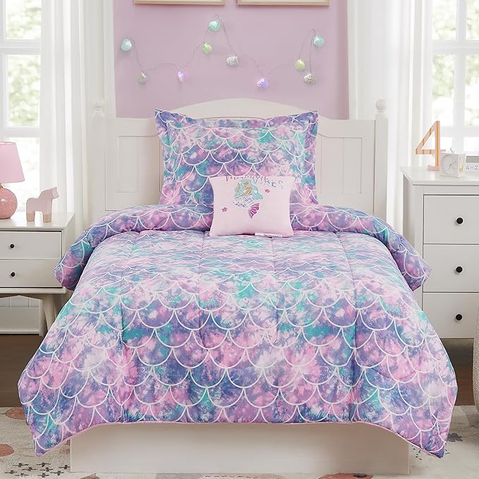 KALEIDOSPACE Pink Comforter Twin for Kids, Glow in The Dark Mermaid Bedding Sets with Decor Pillow, 3 Pieces Girls Bed Set - LeafyLoom