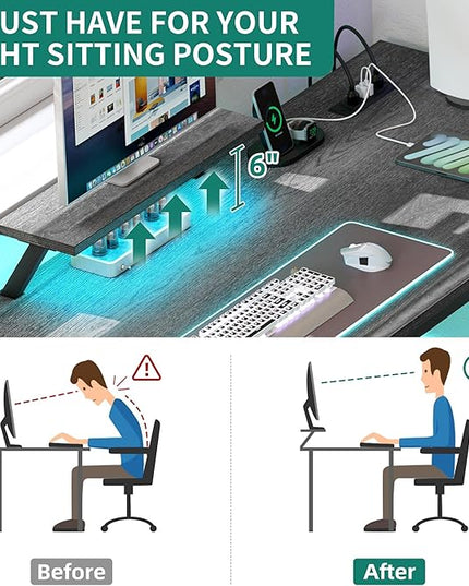 YITAHOME L Shaped Desk with Power Outlets & LED Lights, Reversible Computer Desk with Drawer & File Cabinet, Corner Office Desk with Monitor Stand, L-Shaped Gaming Desk, Grey - LeafyLoom