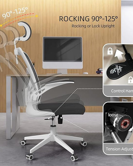 Ergonomic Office Chair, High Back Mesh Computer Desk Chair with Flip-up Arms, Adjustable Lumbar Support & Headrest, Swivel Rolling Task Chair for Home Office, Bedroom, Study, College Dorm（White&Black - LeafyLoom