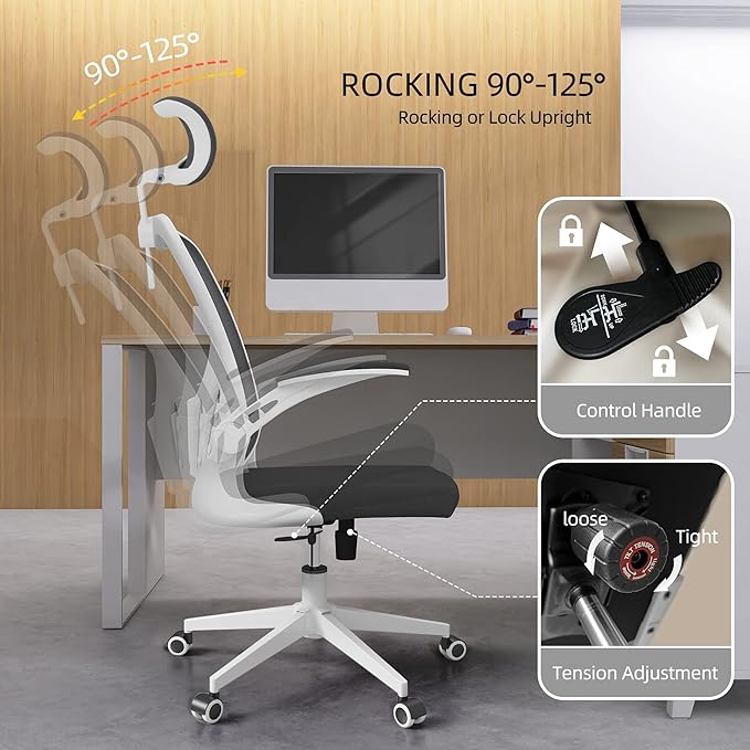 Ergonomic Office Chair, High Back Mesh Computer Desk Chair with Flip-up Arms, Adjustable Lumbar Support & Headrest, Swivel Rolling Task Chair for Home Office, Bedroom, Study, College Dorm（White&Black - LeafyLoom