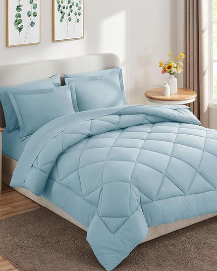 CozyLux Queen Bed in a Bag 7-Pieces Comforter Sets with Comforter and Sheets Light Blue All Season Bedding Sets with Comforter, Pillow Shams, Flat Sheet, Fitted Sheet and Pillowcases - LeafyLoom