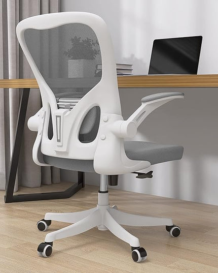 Office Chair - Ergonomic Office Chair with Lumbar Support & Flip Up Arms Home Office Desk Chairs Rockable Swivel High Back Computer Chair White Frame Grey Mesh Study Chair - LeafyLoom
