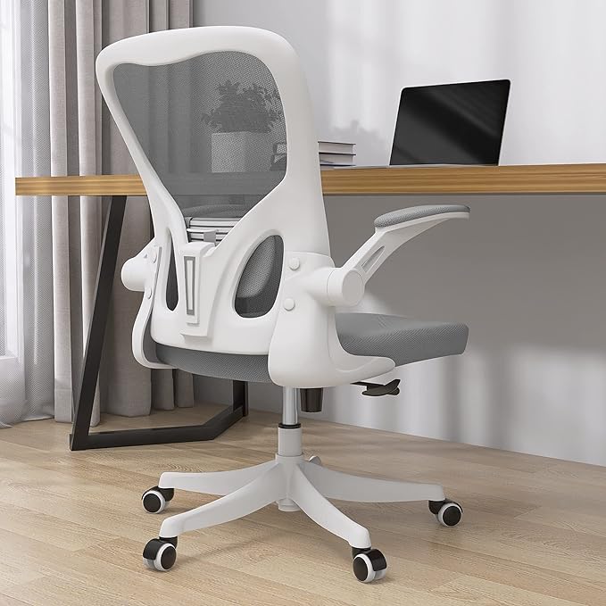 Office Chair - Ergonomic Office Chair with Lumbar Support & Flip Up Arms Home Office Desk Chairs Rockable Swivel High Back Computer Chair White Frame Grey Mesh Study Chair - LeafyLoom