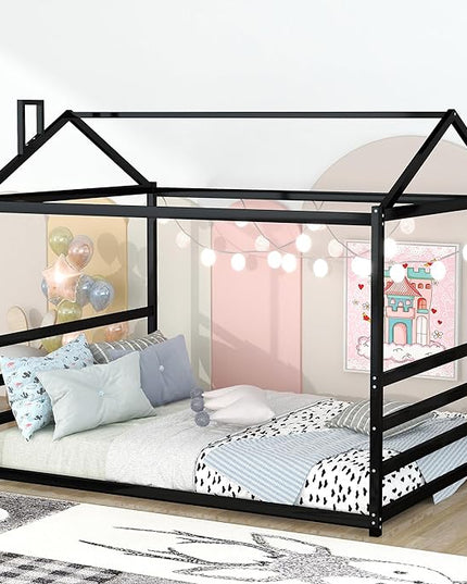 Bellemave Queen Size Metal Floor Bed for Kids,Montessori Floor Bed with Roof,House Bed for Boys Girls,Metal House Shape Platform Bed,Black - LeafyLoom