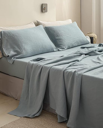 Simple&Opulence 100% Linen Sheet Set Solid Color-4 Pcs Washed French Linen Bed Sheets(1 Flat Sheet,1 Fitted Sheet,2 Pillowcases)-Breathable Bedding Set(California King, Dusty Blue) - LeafyLoom