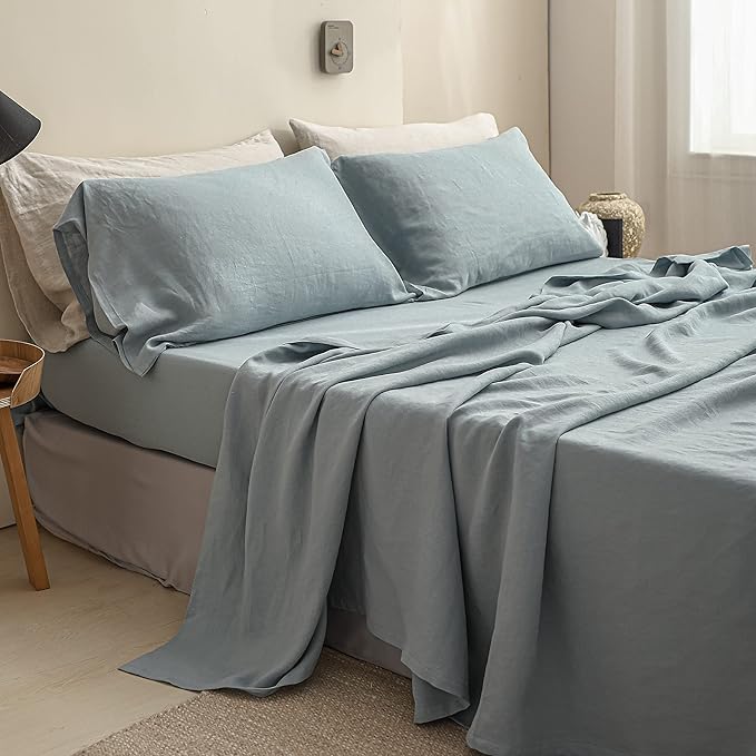 Simple&Opulence 100% Linen Sheet Set Solid Color-4 Pcs Washed French Linen Bed Sheets(1 Flat Sheet,1 Fitted Sheet,2 Pillowcases)-Breathable Bedding Set(California King, Dusty Blue) - LeafyLoom