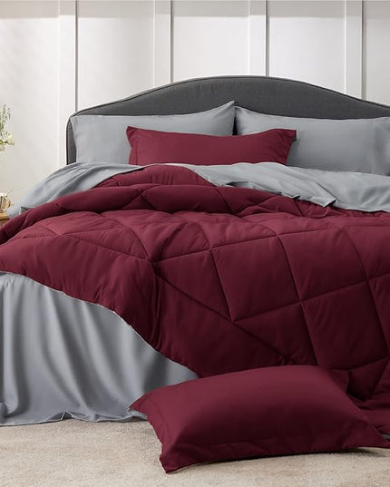 Bedsure Burgundy California King Size Comforter Set - 7 Pieces Reversible Cal King Bed in a Bag Bed Set with Comforters, Sheets, Pillowcases & Shams, California King Bedding Sets - LeafyLoom