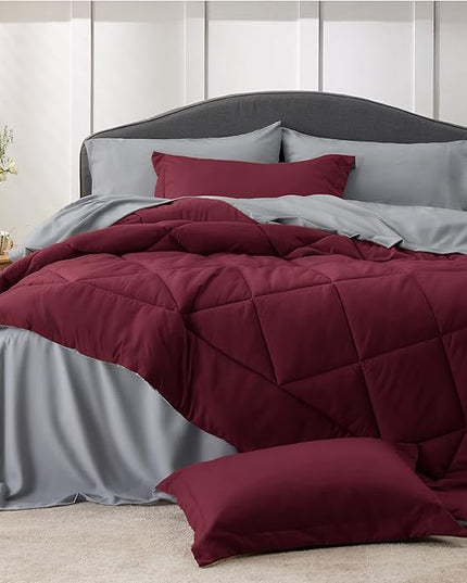 Bedsure Burgundy Full Size Comforter Set - 7 Pieces Reversible Full Bed in a Bag Full Bed Set with Comforters, Sheets, Pillowcases & Shams, Full Bedding Sets - LeafyLoom