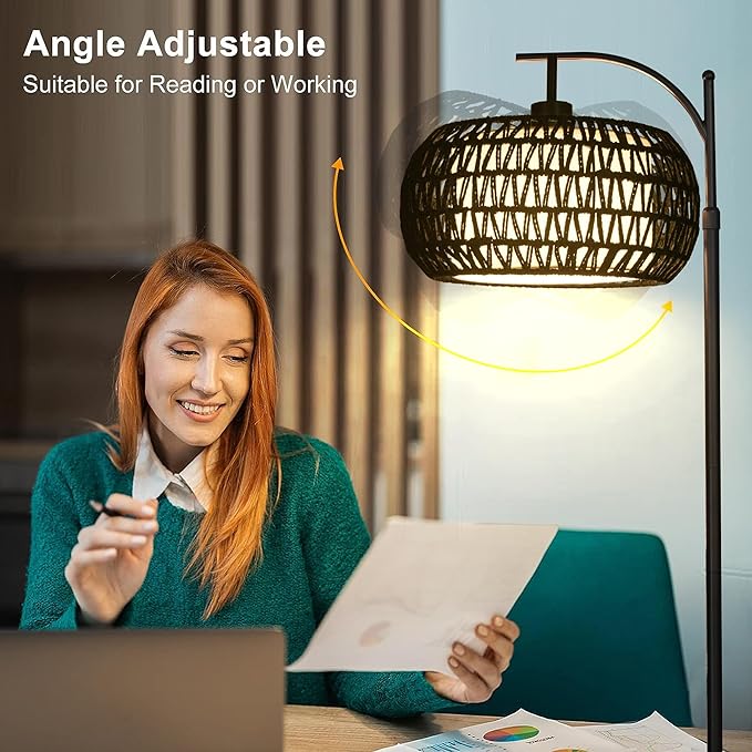 Arc Floor Lamp with 3 Color Temperatures, Dimmable LED Black Floor Lamp with Remote Control, Boho Standing Lamp with Rattan Wicker Shades, Farmhouse Tall Pole Lamp for Living Room Bedroom - LeafyLoom