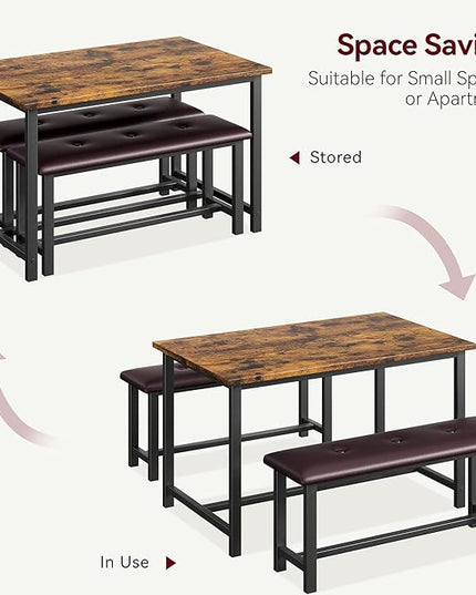 GAOMON Dining Table Set for 4, Kitchen Table with Benches, Rectangular Dining Room Table Set with 2 Upholstered Benches, 3 Piece Kitchen Table Set for Small Space, Apartment, Studio, Retro Brown - LeafyLoom