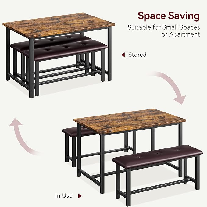 GAOMON Dining Table Set for 4, Kitchen Table with Benches, Rectangular Dining Room Table Set with 2 Upholstered Benches, 3 Piece Kitchen Table Set for Small Space, Apartment, Studio, Retro Brown - LeafyLoom