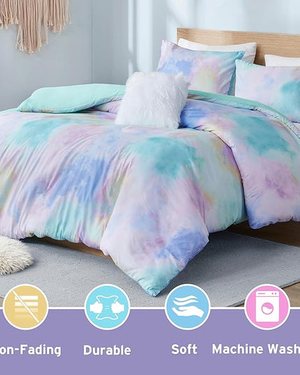 Intelligent Design Duvet Cover Queen Bedding Sets for Girls & Boys Watercolor Tie Dye Twin Duvet Cover Set Kids, Microfiber Queen Size Duvet Cover Set, Pillow Cassiopeia, Full/Queen Pink/Blue 4 Piece - LeafyLoom