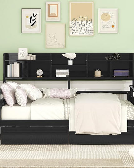 Merax Classic Twin Wooden Storage Daybed,Dual-use Sturdy Sofa Bed for Bedroom Living Room, Espresso - LeafyLoom