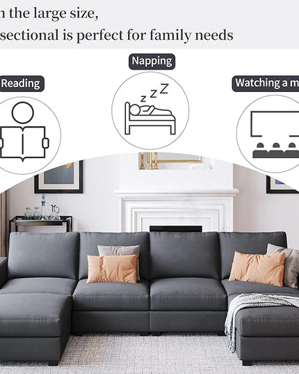 130.7" Large Sectional Sofa with Removable Ottomans, 3-Pieces Modular Upholstered Couch w/Double Chaise Lounges for Living Room Apartment Home,Spacious Space, 130.7 Inch, Gray - LeafyLoom