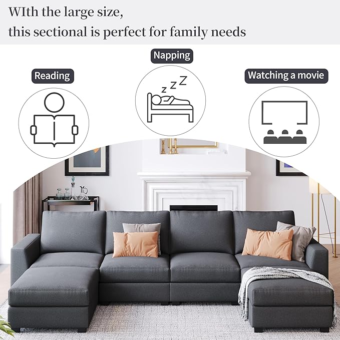 130.7" Large Sectional Sofa with Removable Ottomans, 3-Pieces Modular Upholstered Couch w/Double Chaise Lounges for Living Room Apartment Home,Spacious Space, 130.7 Inch, Gray - LeafyLoom