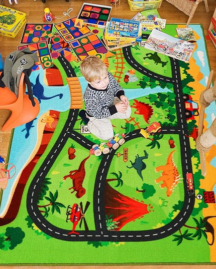 Kids Carpet Playmat Rug,59"X39.4" Dinosaur Car Rugs for Kids Toy Cars,Non Slip Dino Safari Road Map Kids Rug for Playroom Bedroom Boys,Kids Play Mat Road Rug,Track Rug Car Play Carpet for Kids - LeafyLoom