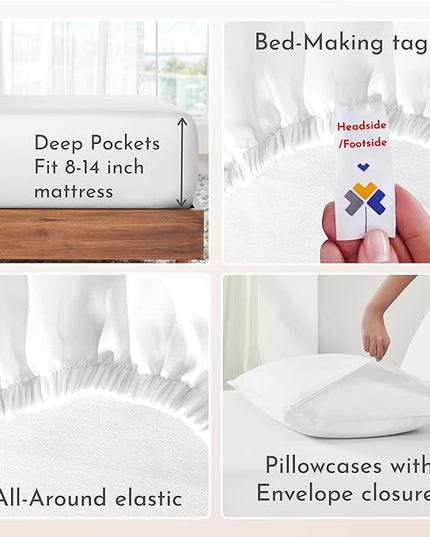 California Design Den Soft 100% Cotton Sheets King Size Bed Sheets Set with Deep Pockets, 4 Piece King Bedding Set for White Sheets, Cooling Sheets with Sateen Weave (White) - LeafyLoom