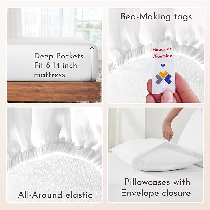 California Design Den Soft 100% Cotton Sheets King Size Bed Sheets Set with Deep Pockets, 4 Piece King Bedding Set for White Sheets, Cooling Sheets with Sateen Weave (White) - LeafyLoom