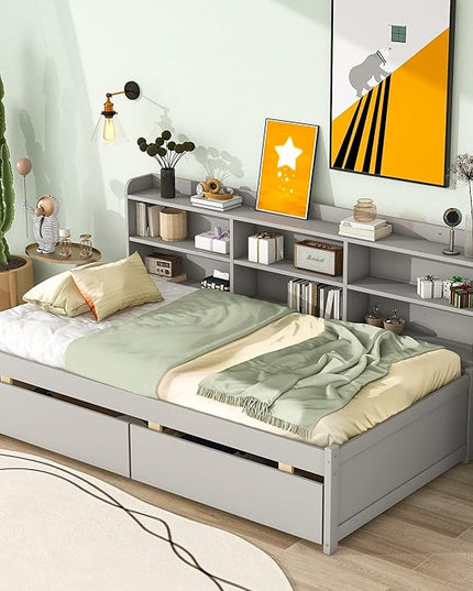 Twin Size Platform 2 Storage Drawers and Side Bookcase, Solid Wood Day Captain, Ideal Bed Frame for Bedroom, Living Room, Gray - LeafyLoom