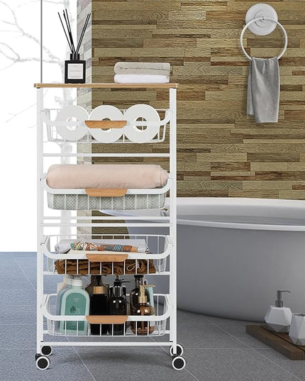 Kitchen Storage Rolling Cart on Wheels, 5 Tier Metal Rolling Utility Cart Mesh Basket Pantry Cart Rack with Wooden Tabletop for Fruit Vegetable Onion Potato Storage, White - LeafyLoom