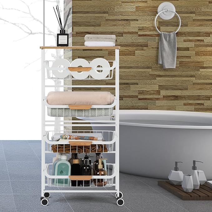 Kitchen Storage Rolling Cart on Wheels, 5 Tier Metal Rolling Utility Cart Mesh Basket Pantry Cart Rack with Wooden Tabletop for Fruit Vegetable Onion Potato Storage, White - LeafyLoom