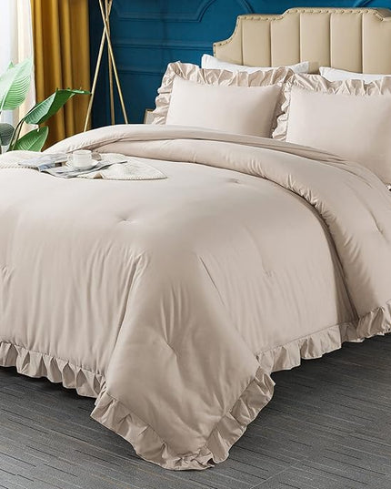 Andency Khaki Queen Comforter Set, 3 Pieces Farmhouse Shabby Chic Bedding Set for Queen Bed, All Season Soft Lightweight Microfiber Bed Set for Men Women - LeafyLoom