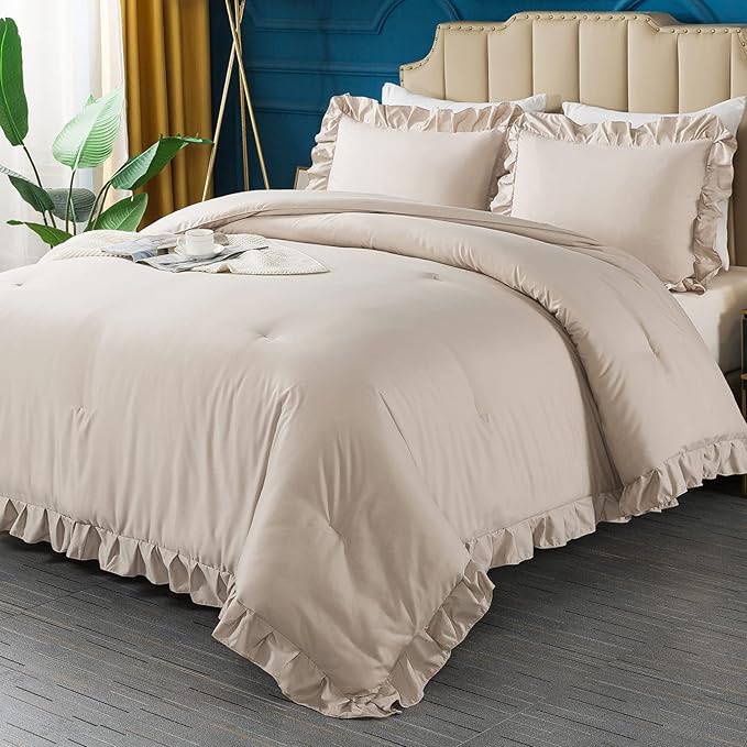Andency Khaki Queen Comforter Set, 3 Pieces Farmhouse Shabby Chic Bedding Set for Queen Bed, All Season Soft Lightweight Microfiber Bed Set for Men Women - LeafyLoom