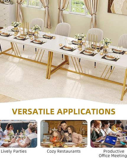 YITAHOME 70.9 Inch Large White Dining Table for 6-8 People, Modern Farmhouse Kitchen Dinner Table with Gold Geometric Metal Legs, Rectangular Wood Dining Room Dinette Table for Kitchen, Living Room - LeafyLoom