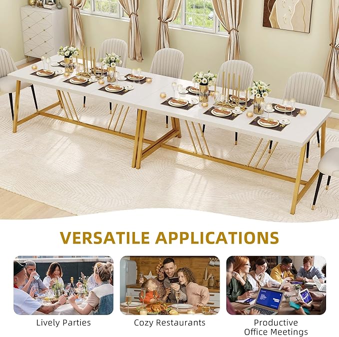 YITAHOME 70.9 Inch Large White Dining Table for 6-8 People, Modern Farmhouse Kitchen Dinner Table with Gold Geometric Metal Legs, Rectangular Wood Dining Room Dinette Table for Kitchen, Living Room - LeafyLoom