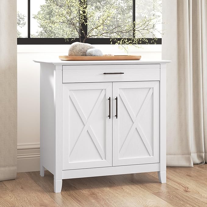 Bush Furniture Key West Secretary Desk | Accent Cabinet with Work Surface in Pure White Oak | 30W x 20D Hidden Writing Table and Storage for Small Spaces - LeafyLoom