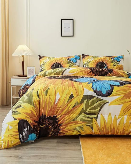 Sunflower Comforter Sets,Beautiful Seamless Pattern with Sunflower Blue Butterflies on White Background,Decorative Bedding Comforter Sets with 2 Pillow Shams, Queen Size - LeafyLoom