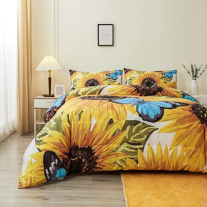 Sunflower Comforter Sets,Beautiful Seamless Pattern with Sunflower Blue Butterflies on White Background,Decorative Bedding Comforter Sets with 2 Pillow Shams, Queen Size - LeafyLoom