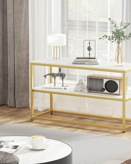 Function Home TV Stand for TVs up to 50 Inch, 3 Tier Entertainment Center, Modern TV Cabinet with Marble Top and Gold Metal Base, 42" Media Console Table with Storage for Living Room Bedroom - LeafyLoom