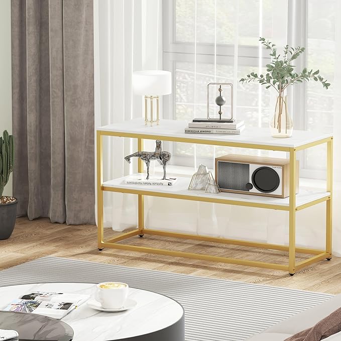 Function Home TV Stand for TVs up to 50 Inch, 3 Tier Entertainment Center, Modern TV Cabinet with Marble Top and Gold Metal Base, 42" Media Console Table with Storage for Living Room Bedroom - LeafyLoom